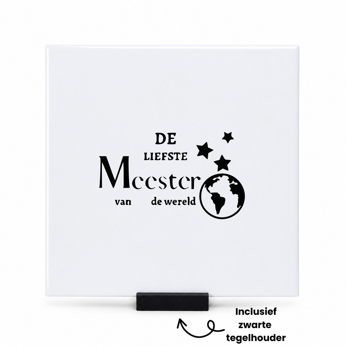 Hacebo De liefste meester van de wereld tegeltje met tegelhouder - Meester - Leraren docenten - tegeltjes met tekst - Cadeau - spreuktegels - 15x15 CM Wit