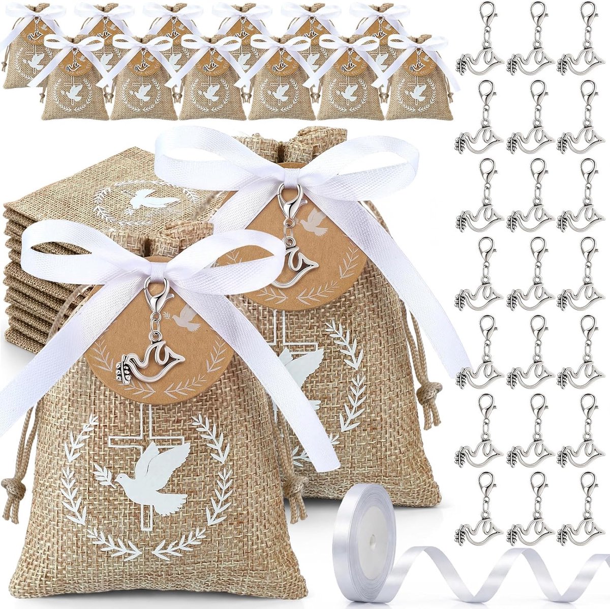 SnelShoppen - 36 Cadeautasjes Met Duifjes-Sleutelhangers, Ronde Labels en Wit Lint - Jute Zakjes Voor Doop, Bruiloft, Communie, Vormsel, Snoepzakjes,