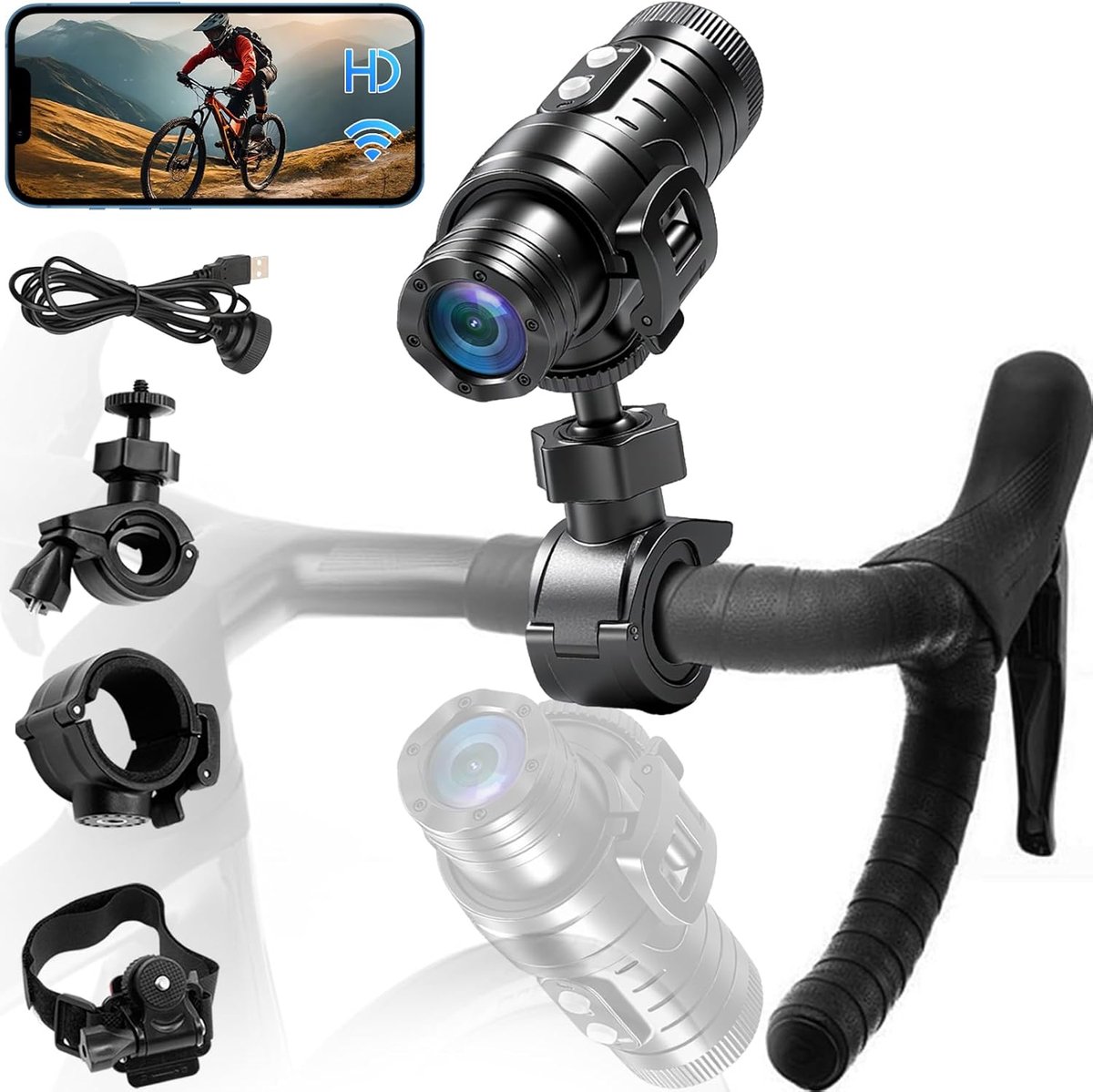 SnelShoppen - Bike/Motorcycle Helm Camera Dashcam 1080P, WLAN, IP66, 7u Batterij, 120° Hoek, Loop Recording, Waterdicht, Inclusief Helm/Handlebar Moun