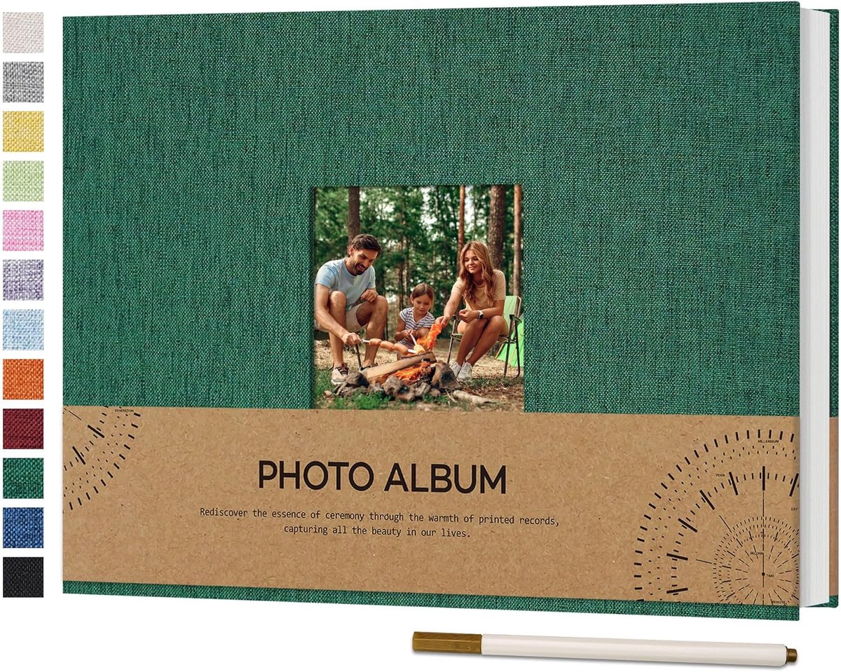 SnelShoppen - Zelfklevend Foto Album met Fotovenster 10 x 15 cm, Linnen Cover, DIY Scrapbook, 60 Witte Pagina's, Reizen, Foto Boek met Balpen, 21.5 x
