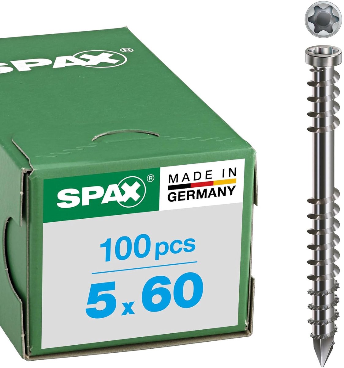 SnelShoppen - SPAX Terrasbouten 5 x 60 mm, 100 stuks, Fixatiedraad, Cilinderkop, T-STAR plus T25, CUT punt, Roestvrij staal A2 voor Buiten gebruik