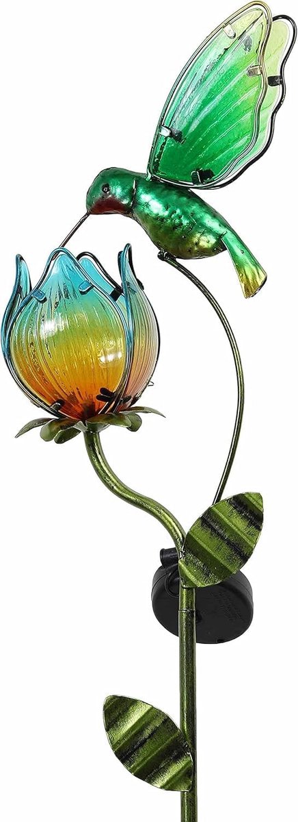 SnelShoppen - Solar Tuinverlichting met Metalen en Glazen Hummingbird en Zonnebloem Lamp, Waterdicht, 105 cm, Decoratieve Tuinverlichting voor Buiten,