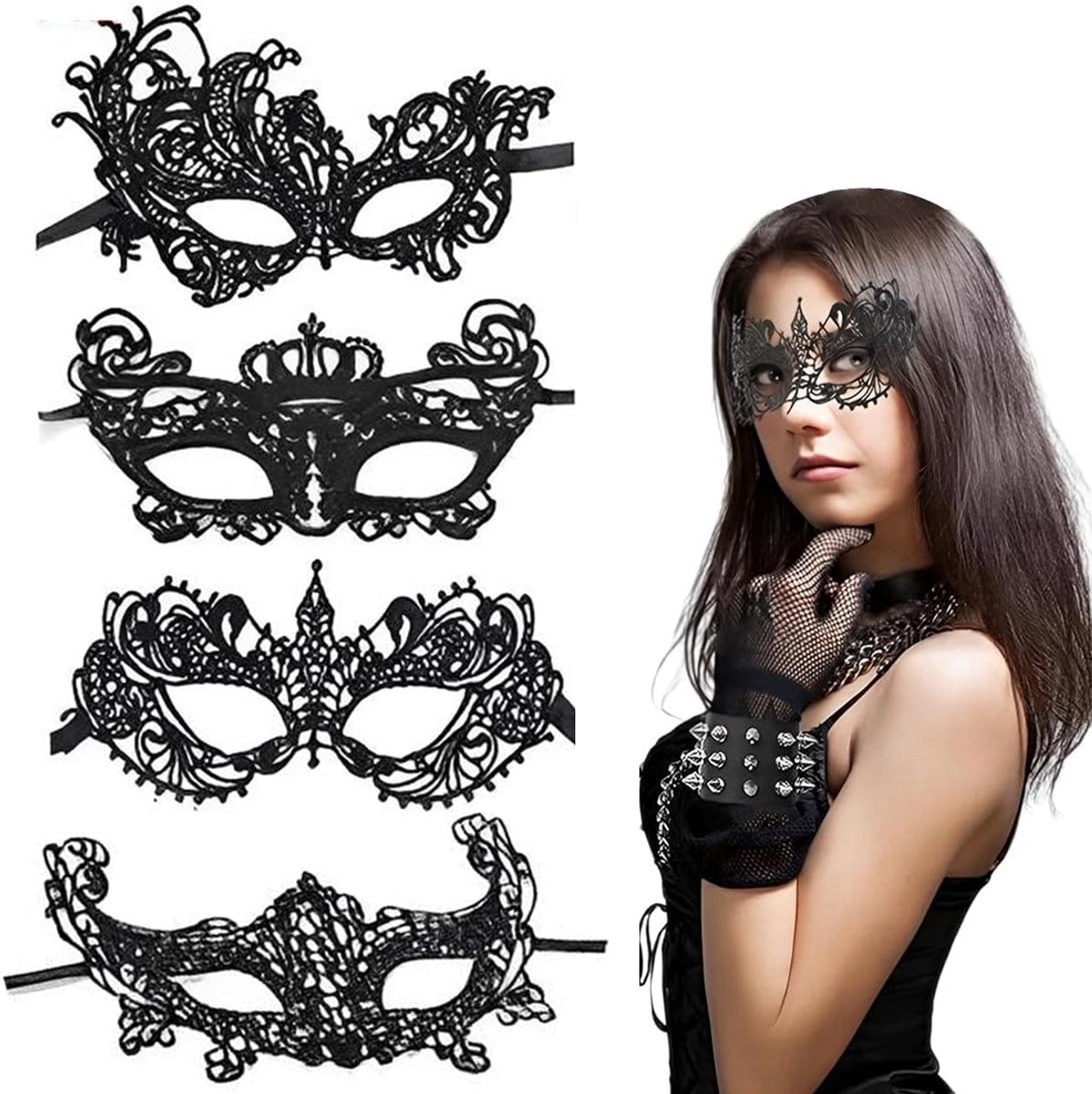 SnelShoppen - Pack van 4 Venitiaanse Oogmaskers voor Dames - Sexy Kanten Maskers voor Halloween, Masquerade, Carnaval, Feest, Kostuum, Zwart