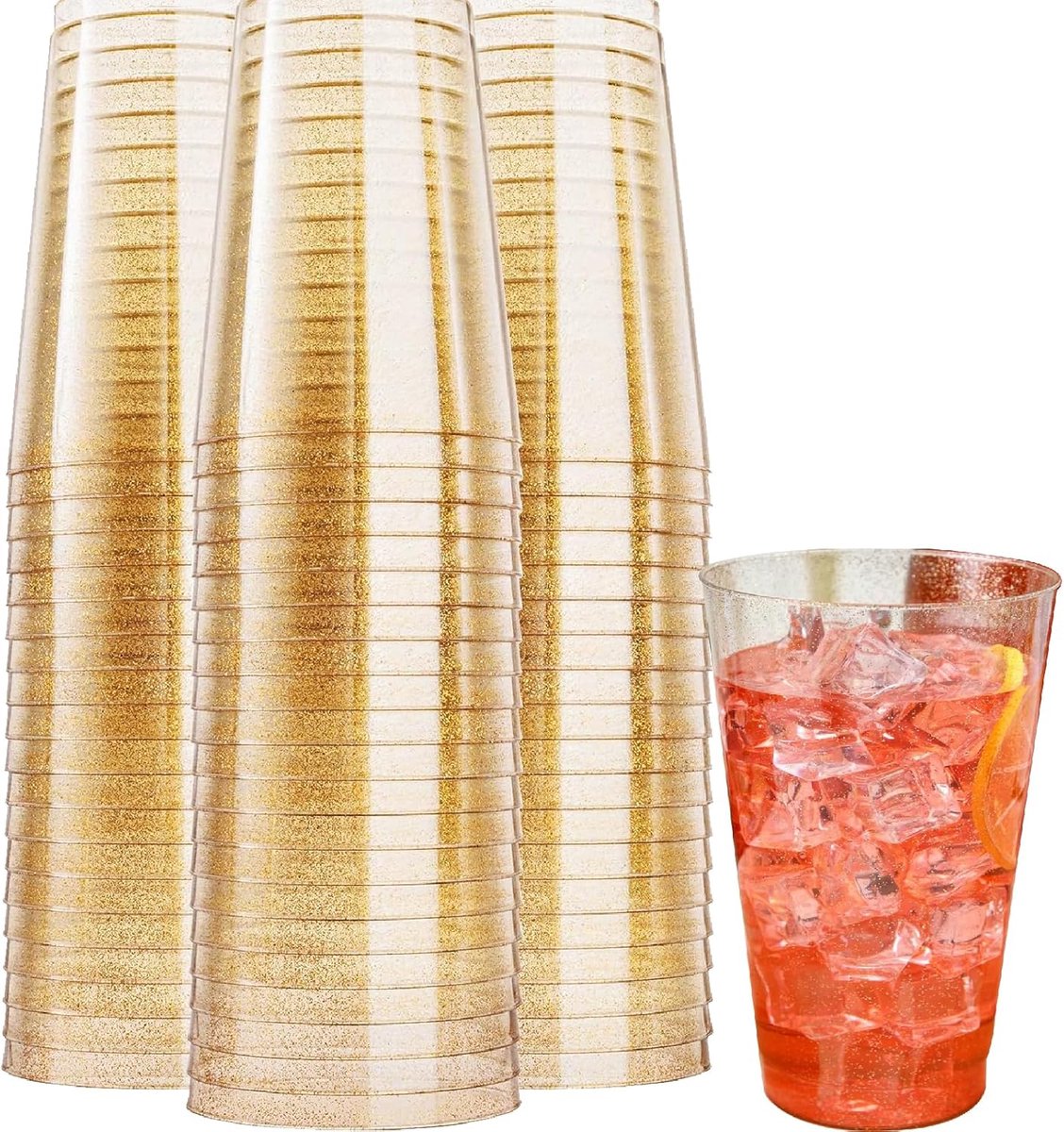 SnelShoppen - Pack van 50 Plastic Bekers 300ml Herbruikbare Party Cups met Goud Glitter - Duurzame Drinkbekers voor Whisky, Pudding, Mousse, Feest, Br