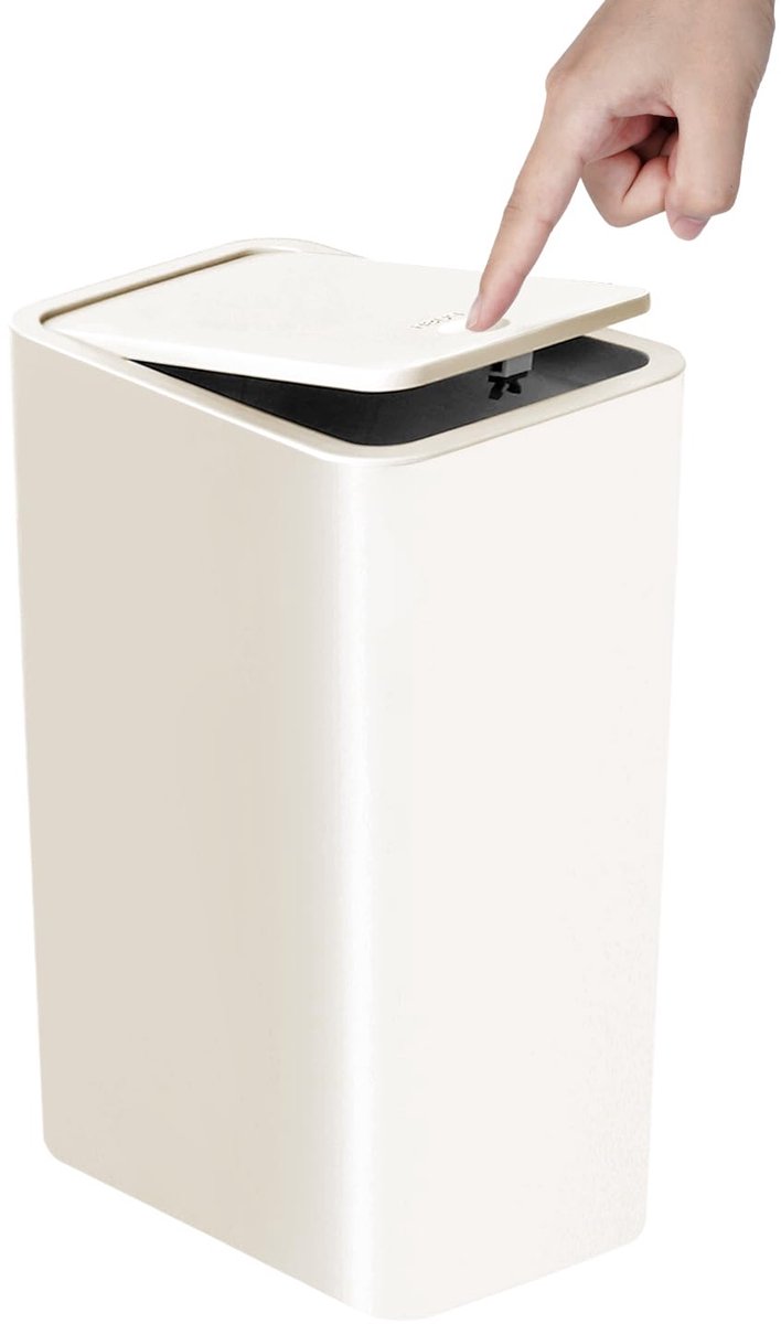 SnelShoppen - Slimme Prullenbak met Deksel 10 Liter - Compacte Afvalbak voor Keuken, Badkamer, Slaapkamer en Kantoor - Wit - Pop-Up Mechanisme
