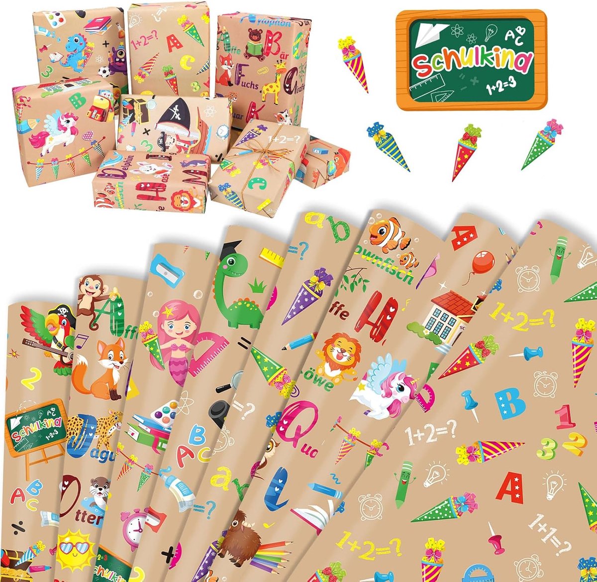 SnelShoppen - Back to School Cadeaupapier Kraftpapier - 8 Vellen met Schattige Schoolpatronen voor Kinderen - Perfect voor Verpakkingen en Klascadeaus