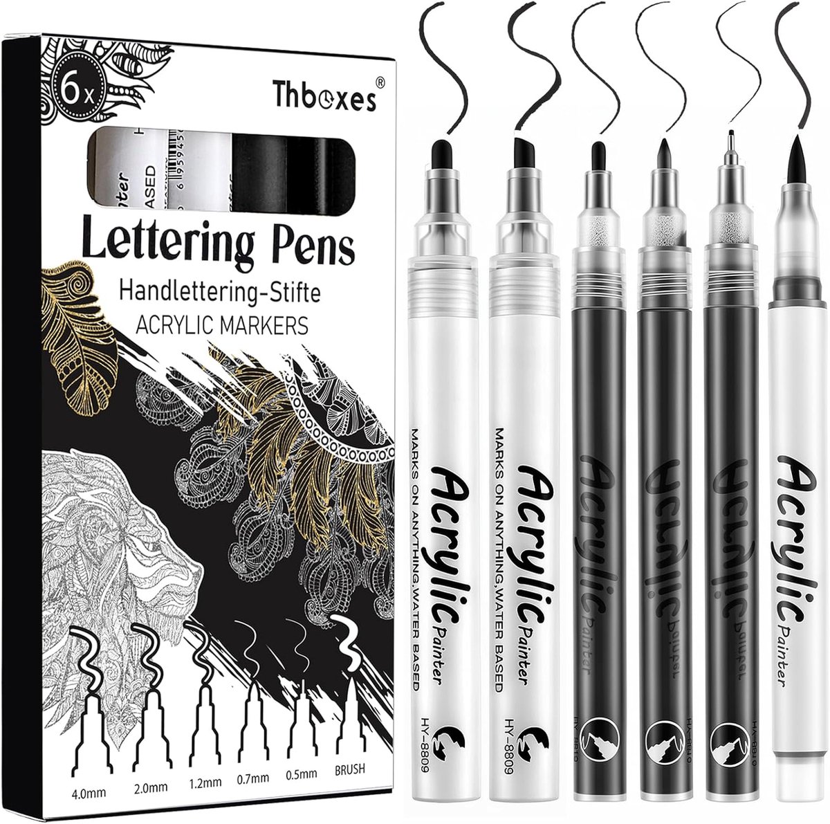 SnelShoppen - 6 Stuks Zwarte Acryl Markers, Waterdichte Acrylpennen, Sneldrogend, Fineliner en Penseelpen voor Creatief Gebruik op Papier, Steen, Hout