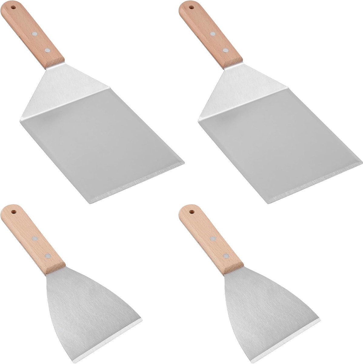 SnelShoppen - 4-delige roestvrijstalen spatels met houten handvat, grillspatels voor hamburgers, barbecue, keuken, duurzaam en ergonomisch, perfect vo