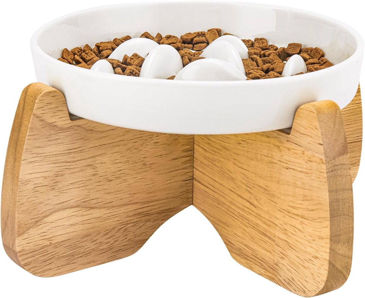 SnelShoppen - Shallow Raised Anti Slow Bowl voor Katten met Frame, Keramische Slow Feeder 16cm Breed, Antivomitus, Vaatwasserbestendig (Wit)