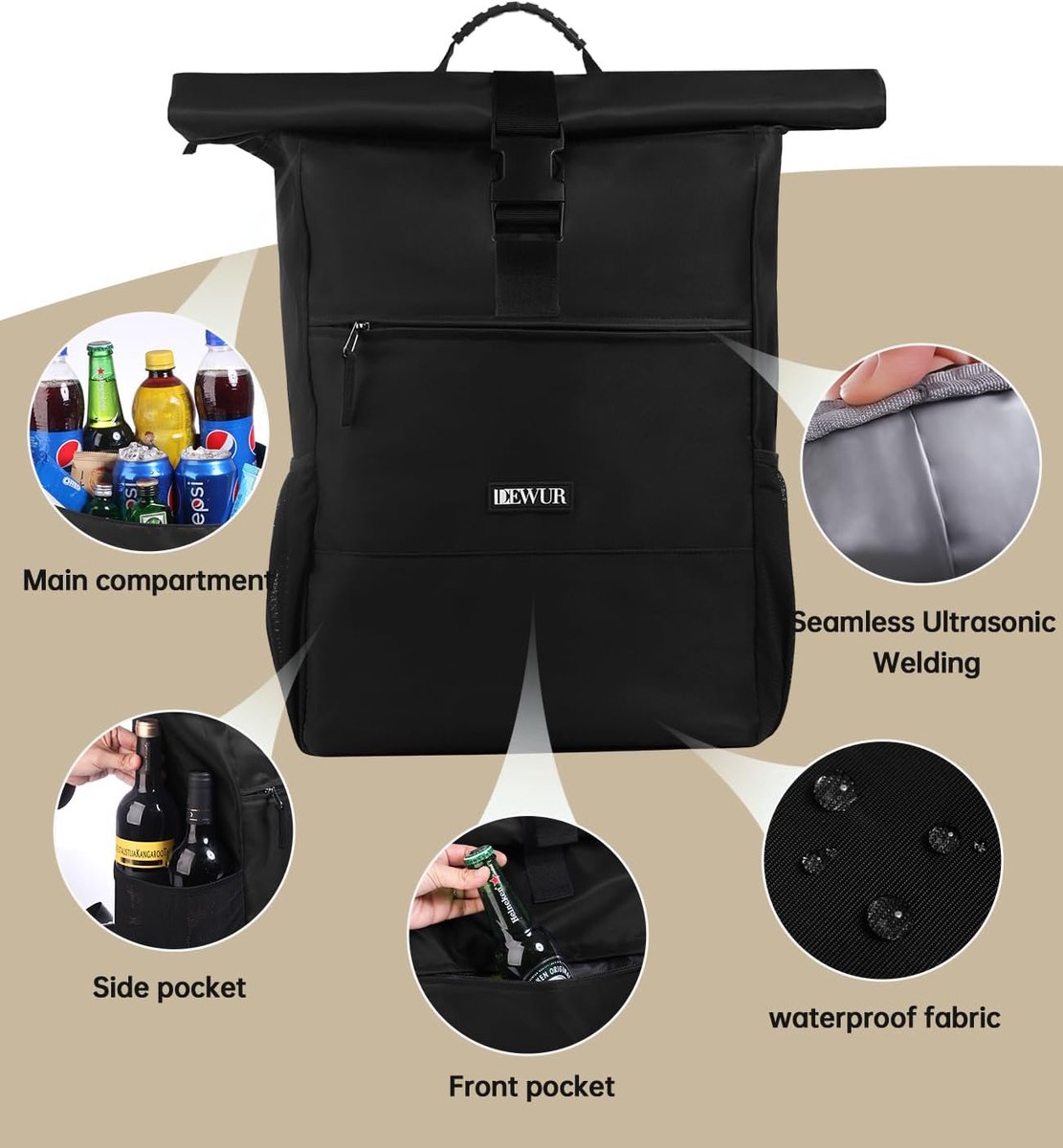 SnelShoppen - 35 Litre Thermische Rugzak Koeltas Waterdichte Picknickrugzak met Flessenopener voor Camping, Strand, Hiken, Reizen en Winkelen