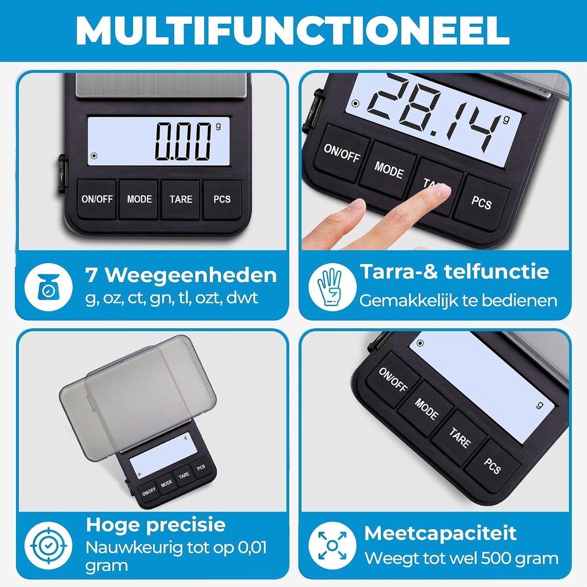 SnelShoppen - Digitale Keukenweegschaal - Precisieweegschaal 0g tot 500g - Tare Functie - LED Scherm - Zwart/Zilver - Milligramweegschaal