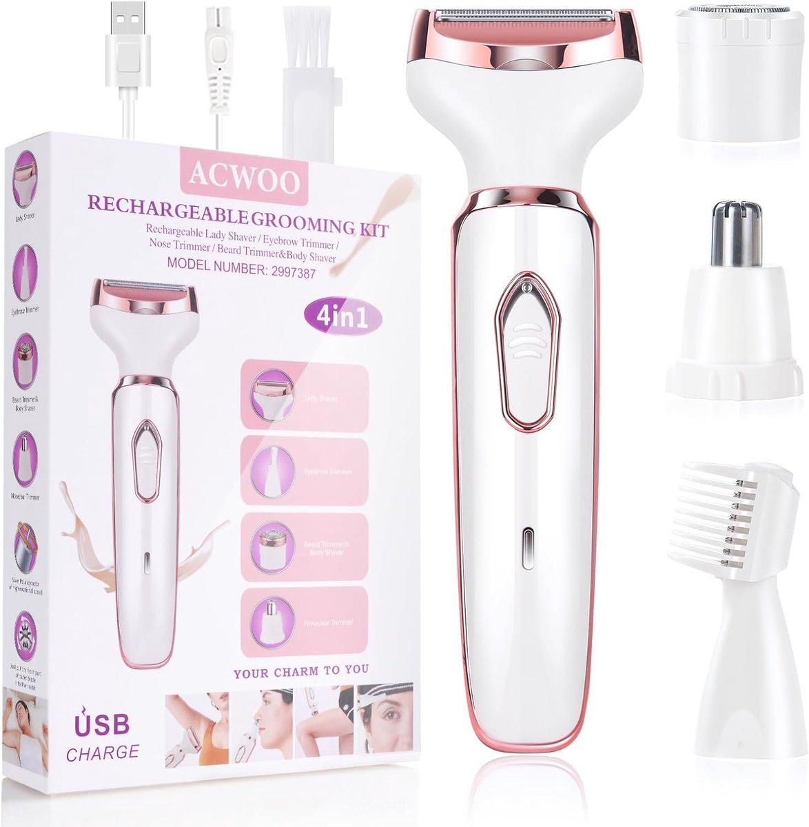 Thijox - Draadloos 4-in-1 Elektrisch Scheerapparaat voor Dames, Pijnloos Ladyshave met Bikinitrimmer, Geschikt voor Gezicht, Benen, Oksel, Neus, Wenkb