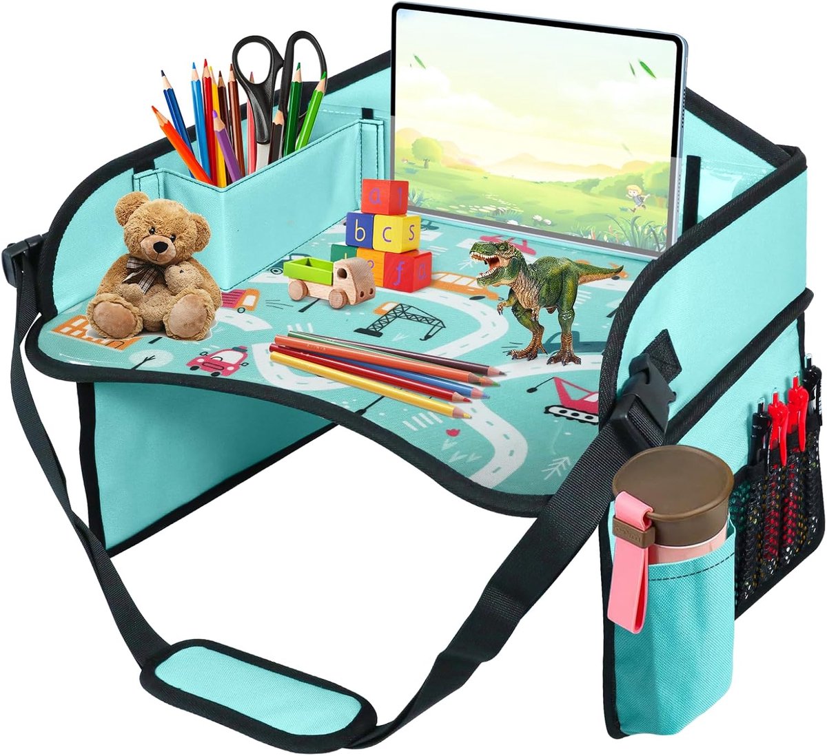 Thijox - Reistafel Auto Kinderen met Tekenbord, Waterdichte Kinderstoel Organizer, Lichtgewicht Reisblad met Meerdere Vakken, Eenvoudig te Reinigen vo