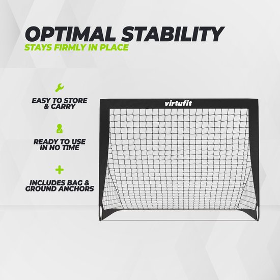 Zwart VirtuFit voetbaldoel met tekst over stabiliteit, opbergbaarheid en gebruiksgemak.