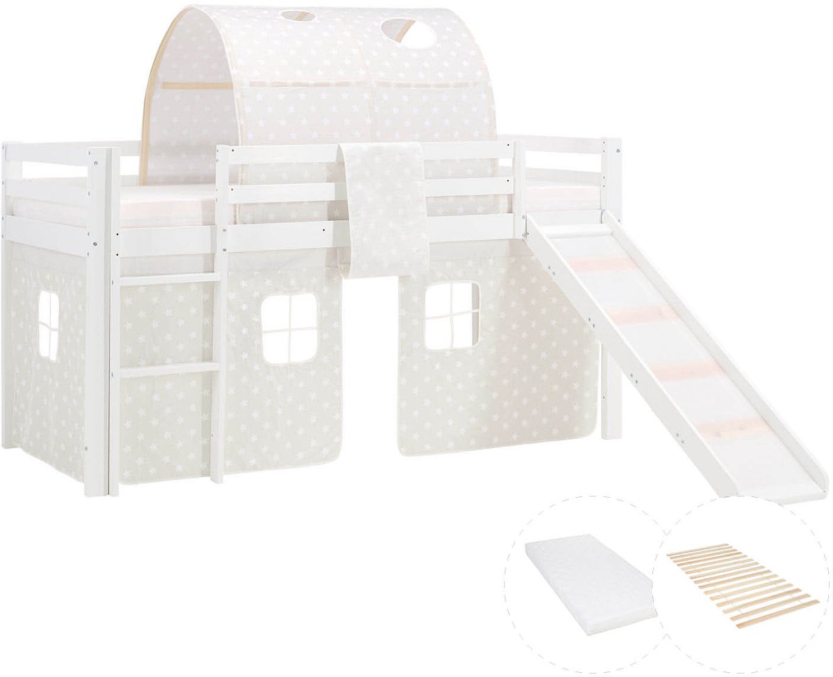 Homestyle4u Hoogslaper - 90x200 cm - met matras - glijbaan - grijs gordijn - tunnel met sterrenmotief - wit
