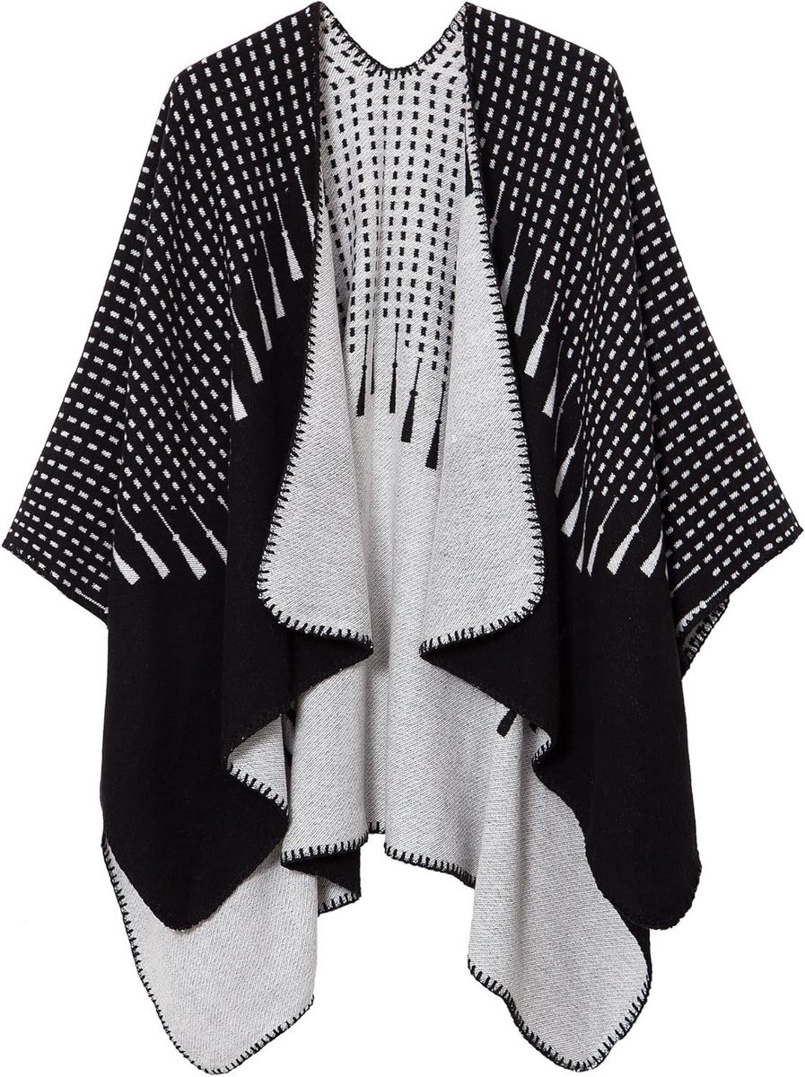 Gebreide Poncho - Dames Cape - Warm Aankleden - Open Voorkant - One Size - Zwart