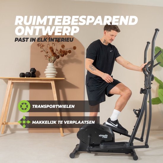 Man op een zwarte crosstrainer, met tekst over een ruimtebesparend ontwerp.
