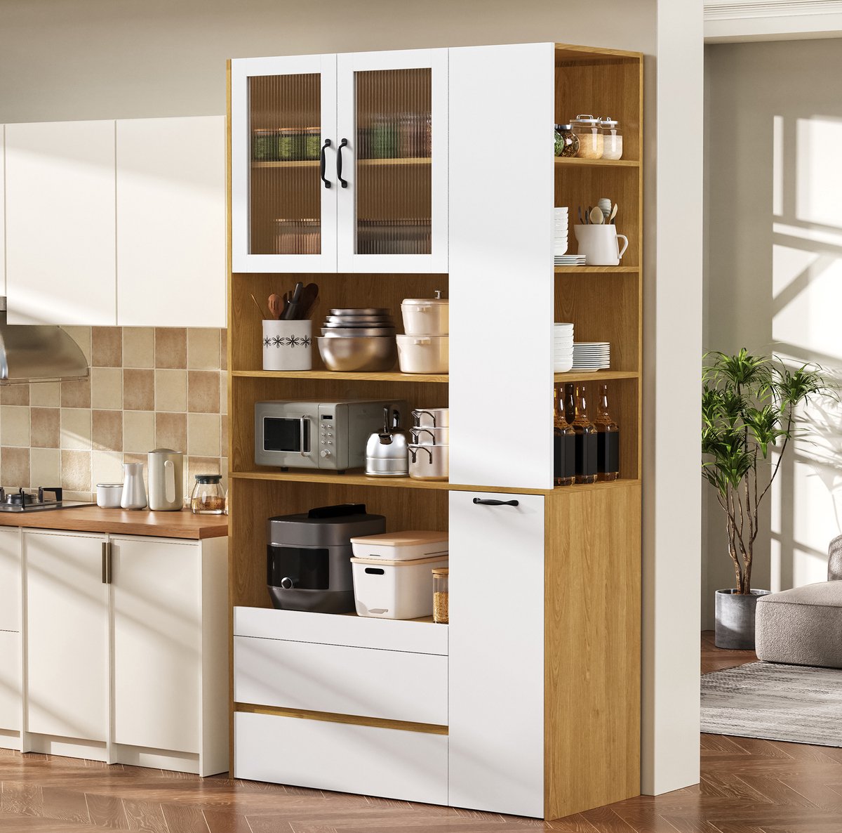 Wishdor - Keukenkast - Highboard met verstelbare en uittrekbare planken, 2 lades en ribbelglas - Scandinavische buffetkast voor keuken en eetkamer - houtlook - wit naturel - 100 x 40 x 200 cm