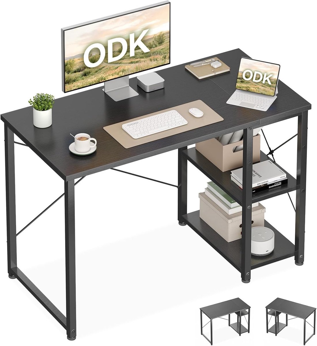 SnelShoppen - ODK Bureau met Omkeerbare Plank, Bureau met Opslagplanken, Thuiswerk Bureau, Studiebureau en Gaming Desk (Zwart, 100x48cm)