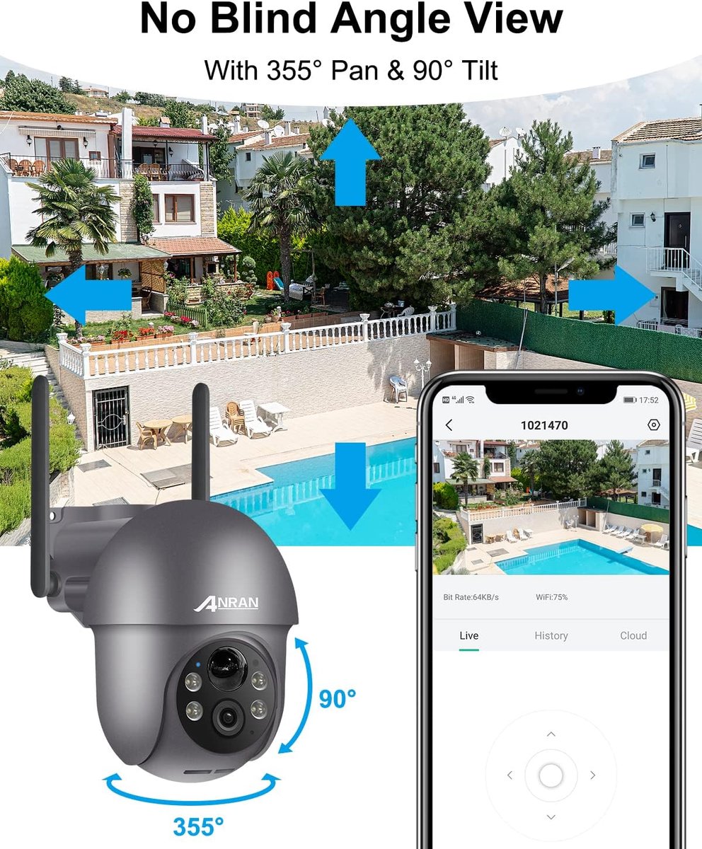 SnelShoppen - 5MP Draadloze Buitenbeveiligingscamera met Zonnepaneel, FHD Nachtzicht, 360° Rotatie, PIR Bewegingsdetectie, Waterdicht, Grijs