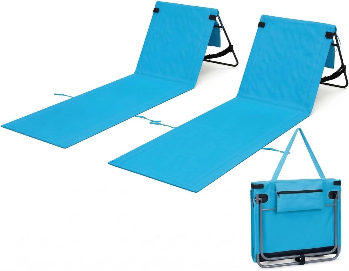 SnelShoppen - Drift Savage Opvouwbare Strandligstoel Set van 2, Lichtgewicht Meerblauw, Gewatteerde Strandmatras met Verstelbare Rugleuning, Draagriem