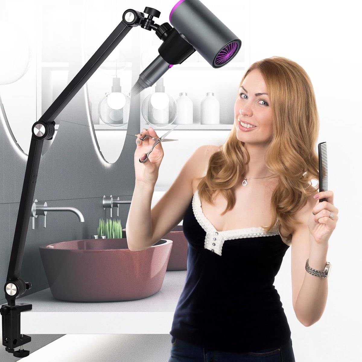 SnelShoppen - Hivexagon Haardroger Klemstandaard, Multi-Angle Verstelbare Stand, Multifunctionele Plastic Klem voor Handen Vrij Stylen, Ideaal voor Th