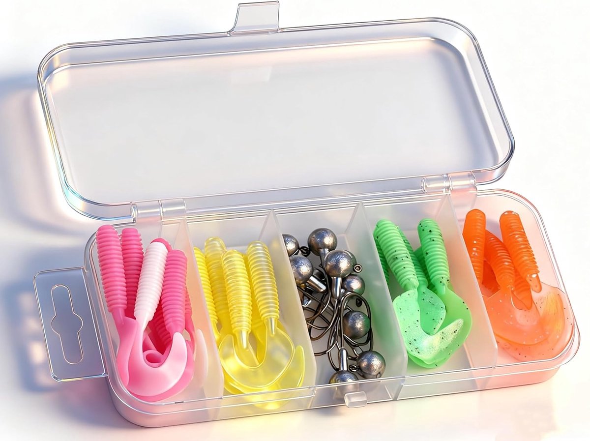 Thijox - 25 Stuks Rubberen Forel Kunstaas met Doos, UV Actief Rubber Aas voor Forel en Baars, Roofvissen, Zeevissen, Verschillende Kleuren, Hoogwaardi