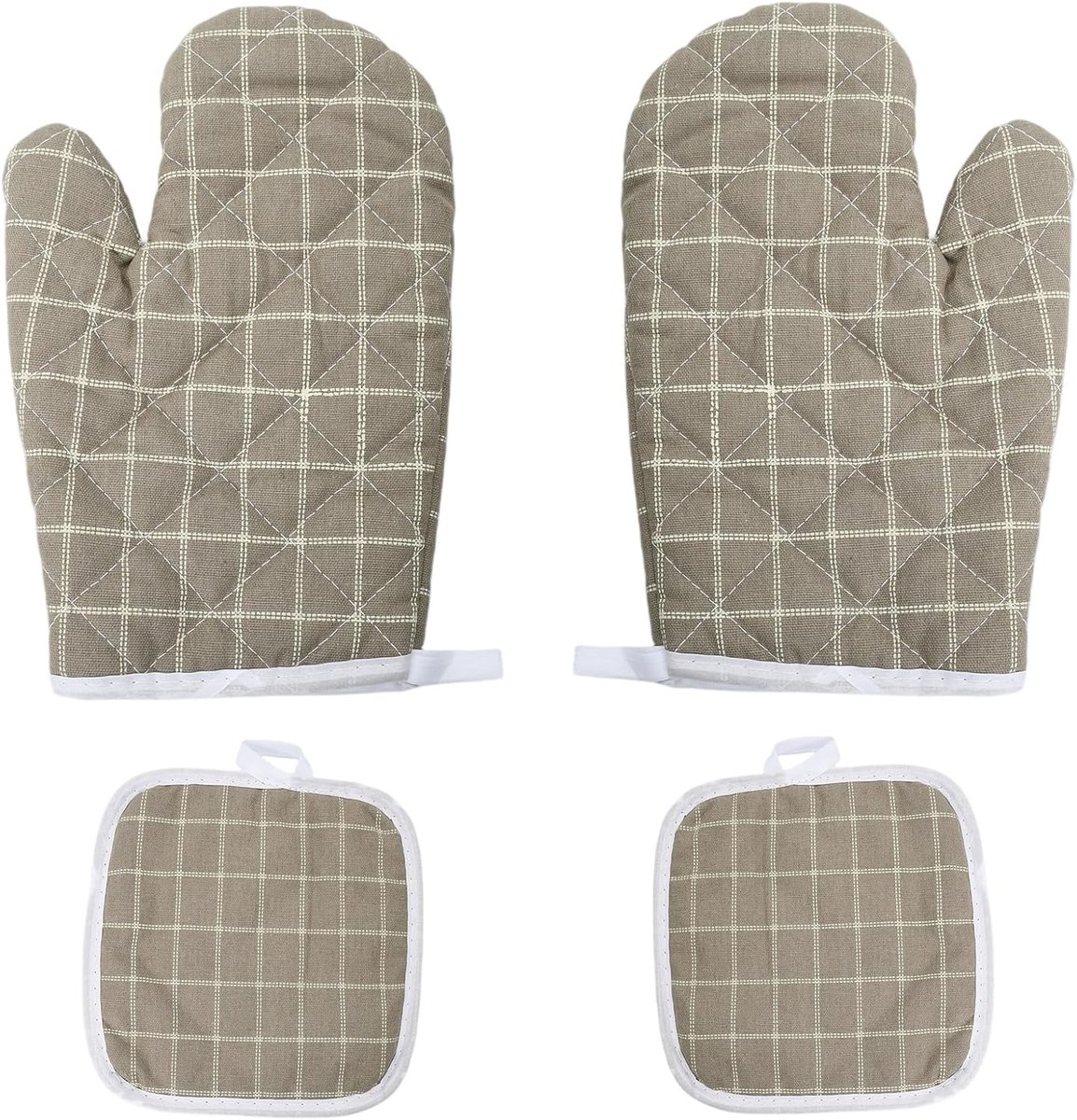 Thijox - Hittebestendige ovenwanten en pannenlappen set van 2 keukenhandschoenen en 2 geïsoleerde pannenlappen, messing, met ophangring voor BBQ, oven