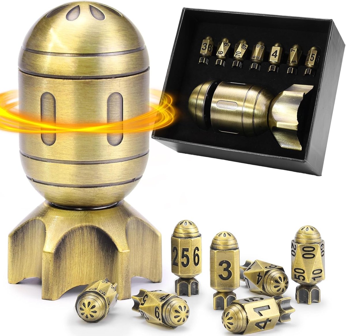 SnelShoppen - Polyedrische Dobbelstenen Set met Spinning Missile Container - 7 Cool Bullet Dice voor Dungeons and Dragons RPG, Oorlog en Misdaad Thema