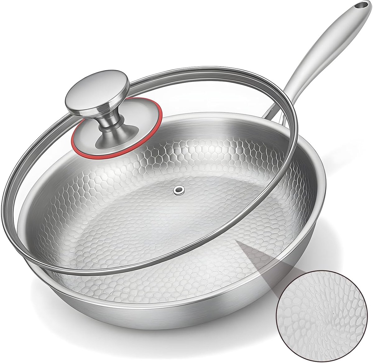 SnelShoppen - Titanium Braadpan met Deksel 28 cm - Krasbestendig, Gehamerd Patroon, Anti-aanbaklaag, Inductie Geschikt voor Keuken en Camping