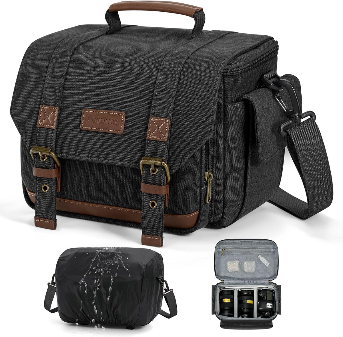 SnelShoppen - Waterdichte Crossbody Cameratas - Vintage Fototas voor DSLR/SLR/Systeemcamera met 10mm Schokbestendige Vulling, Regenhoes en Statiefhoud