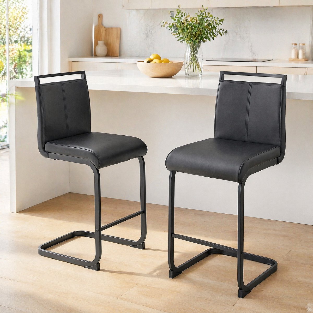 MODENUIT Barkruk 96,5 cm - Set Van 2 Met Rugleuning En Voetsteun - Voor Keuken En Restaurant - Kunstleer Zwart