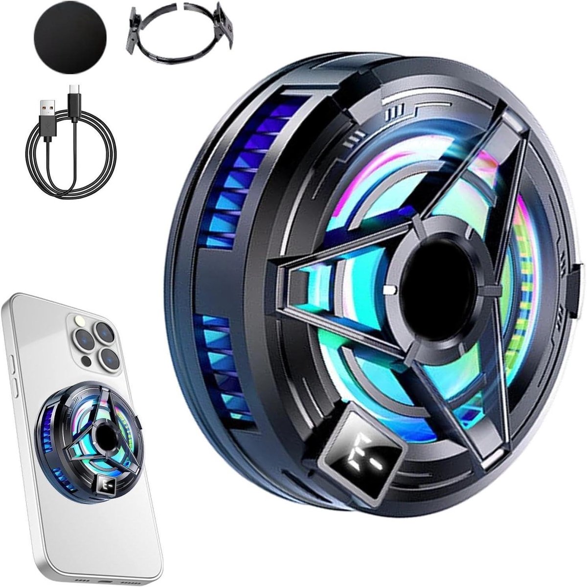 Magneetkoeler Telefoon - Ventilator Mobiel - Gaming en Streamen - Realtime Temperatuurweergave - 9.6 x 8.4 x 4.8 cm - Veelkleurig