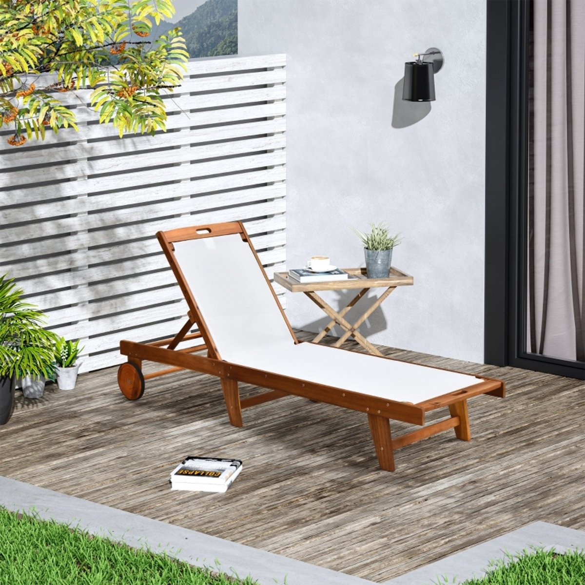 FloraGrace Ligbed 198 x 55 cm - Verstelbare Rugleuning Met 4 Standen - Voor Tuin Balkon Terras Of Zwembad - Acacia Hout En Textiel - Naturel Wit