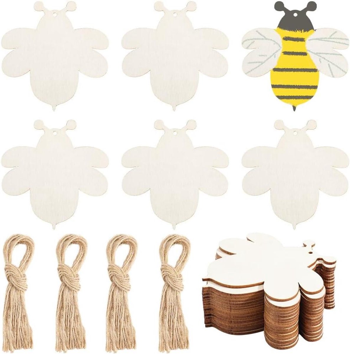 Houten Bijen Ornamenten - Houten Schijven - Hobby Knutselen - Met Houten Touw - 20 Stuks - Naturel