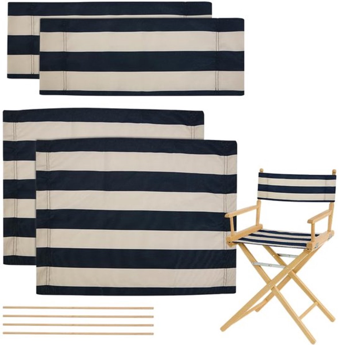 Set van 2 opvouwbare regisseursstoelhoezen, vervangende hoezen met houten stokjes voor make-up, draaistoelen, donkerblauw met witte strepen, 53,5 x 40,5 cm/54 x 20 cm