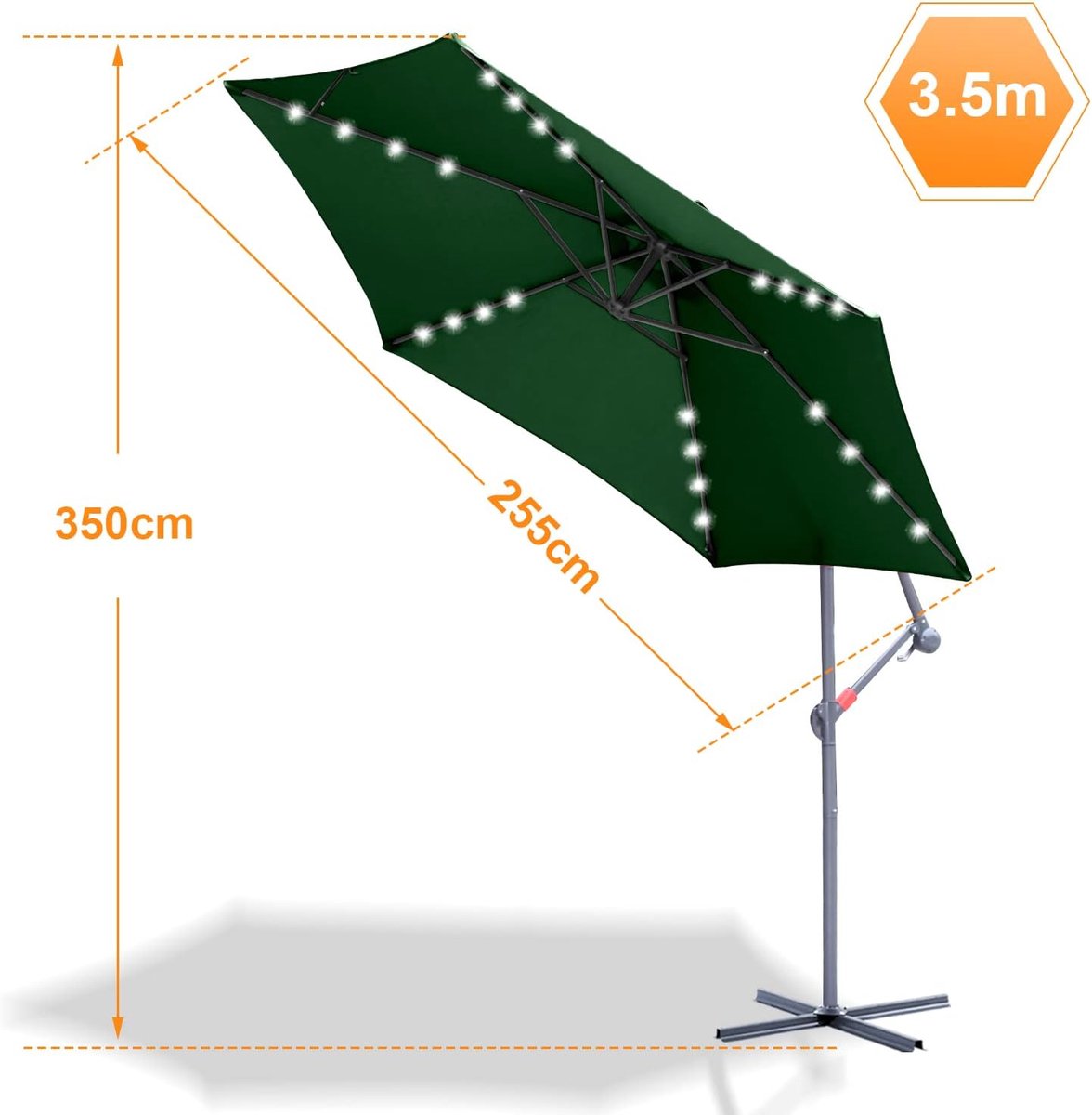 Zwevende parasol - Tuinparasol met led - Zonwering buiten - Zonne-energie verlichting - Diameter 350cm - Groen – foto 7