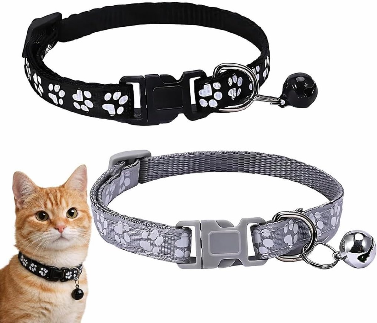 SnelShoppen - 2 Stuks Reflecterende Kattenhalsband met Veiligheidssluiting en Bel, Verstelbare Halsband voor Kat en Kitten, 18-33 cm, Ideaal voor Wand