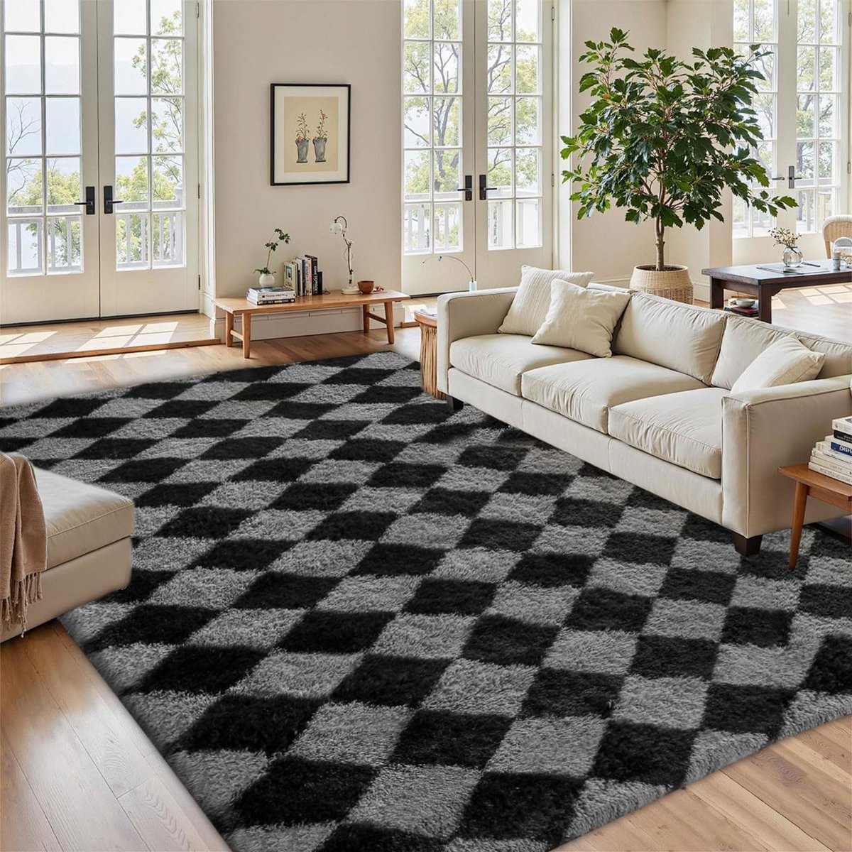 Dailygoods - Hoogpolig tapijt, wollig, geruit, 140 x 200 cm, pluche tapijt, shaggy, hoogpolig, voor slaapkamer, woonkamer, tapijt, bedkleed, antislip, modern design, zwart-grijs