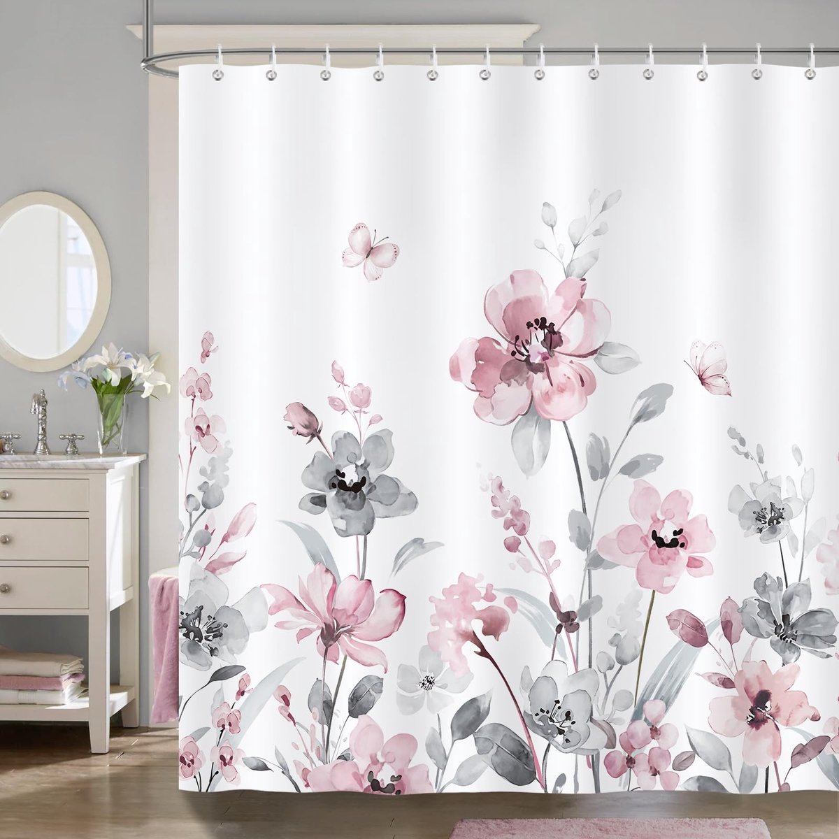 SnelShoppen - Douchegordijn Bloem Waterverf Modern Plant Art Polyester Waterdicht Anti-Schimmel Wasbare Gordijnen Badkamer 180x180cm met 12 Haakjes