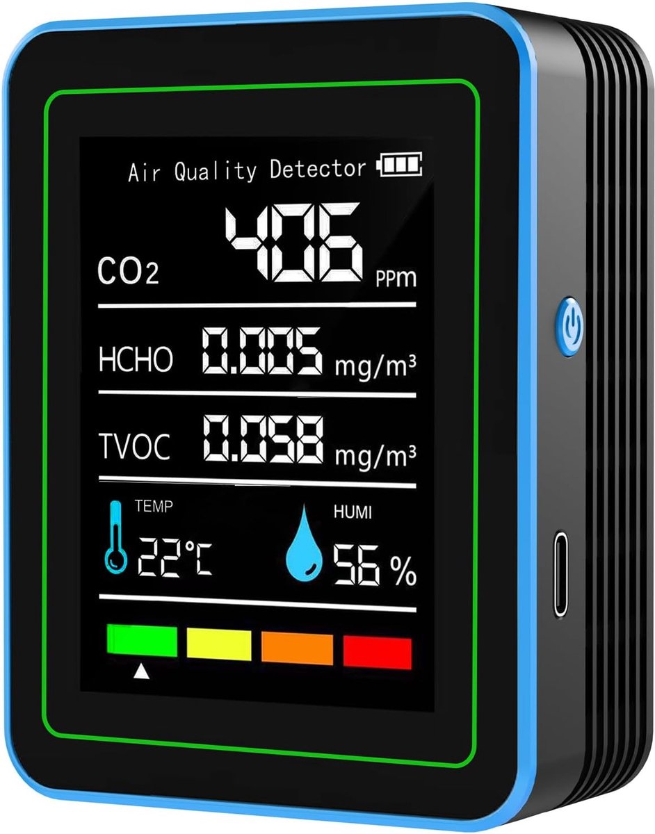 Luchtkwaliteit Monitor - Luchtkwaliteit Tester - Binnenmilieu Checken - 5-in-1 Sensor - 2000mAh Batterij - Zwart Blauw