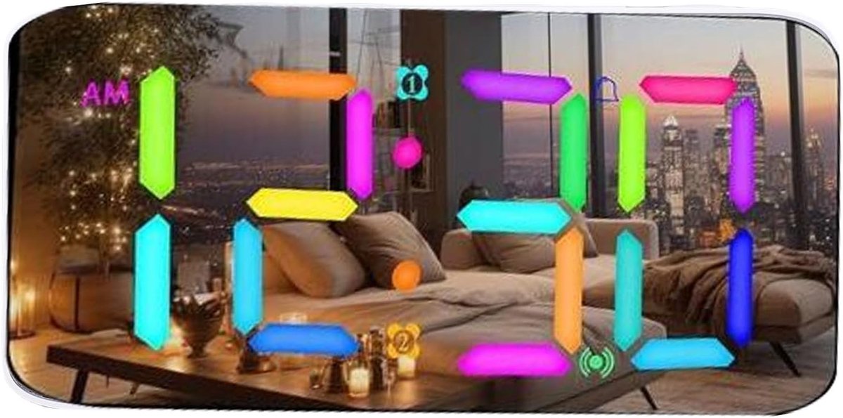 Spiegel Wekker - Digitale Klok Vibratie Alarm - Zware Slapers Wakker Maken - Dynamisch RGB Display - 7 Inch - Wit