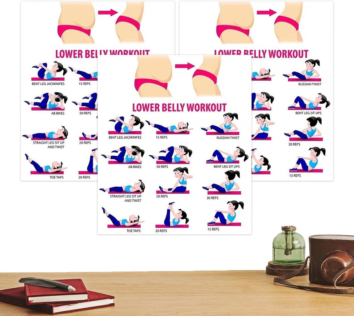 Buikspier Oefeningen Poster - Gids Trainingsplan - Thuis Fitness - Duidelijke Bewegingsinstructies - 3 Stuks - Multicolor