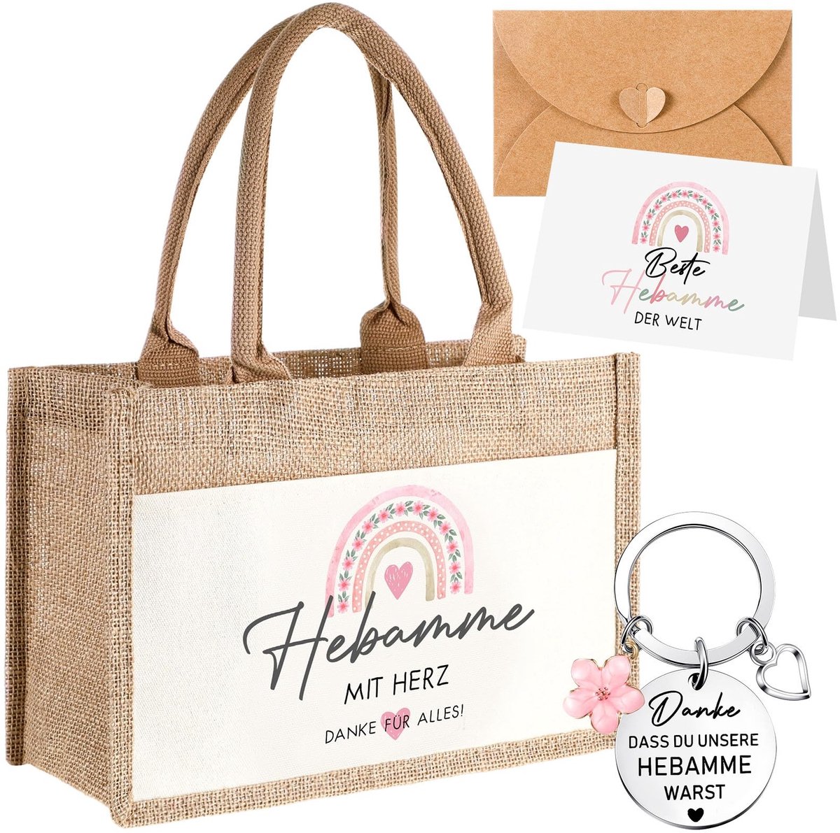 Dailygoods- Verloskundigen Bedankje - Set van 4 - Sleutelhanger met Regenbooggravure - Jute Tas - Bedankkaart - Oprechte Waardering