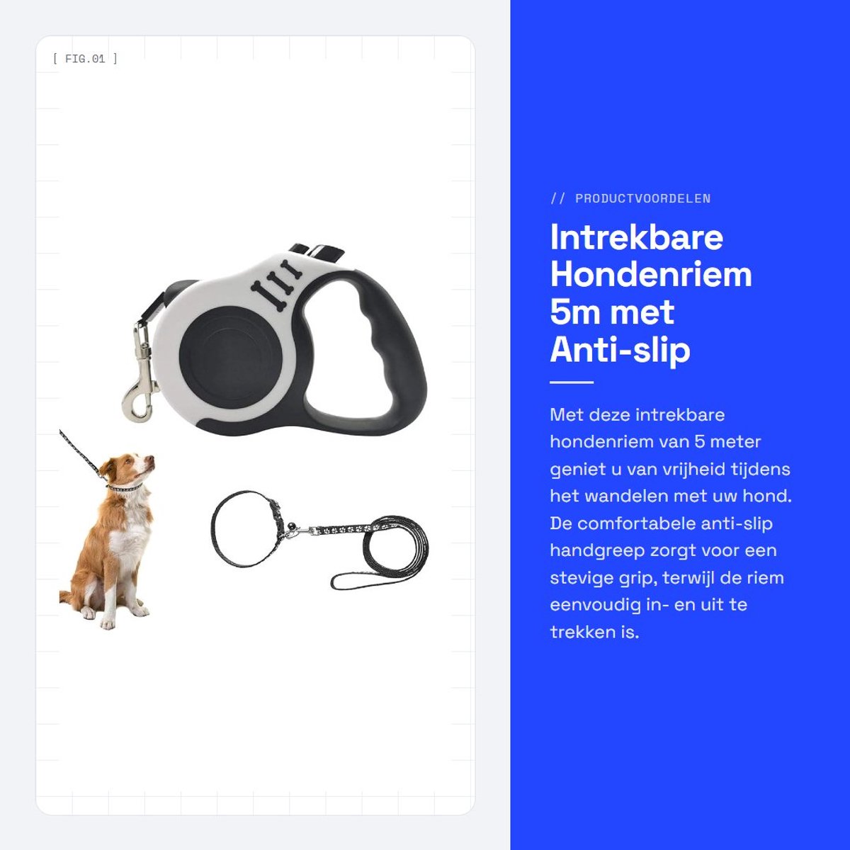 Dailygoods- Hondenriem Uittrekbaar 5 m - Antislip Handgreep - 360° Draaibare Haak - Voor Kleine/Middelgrote Honden - Duurzaam Nylon - Blauw - Rollijn