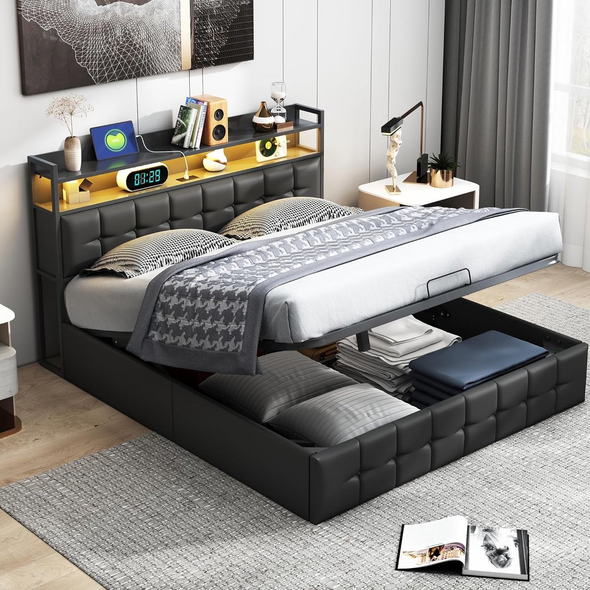Tweepersoonsbed - Gestoffeerd frame - Slaapkamer opbergen - Geïntegreerde USB poort - 140 
