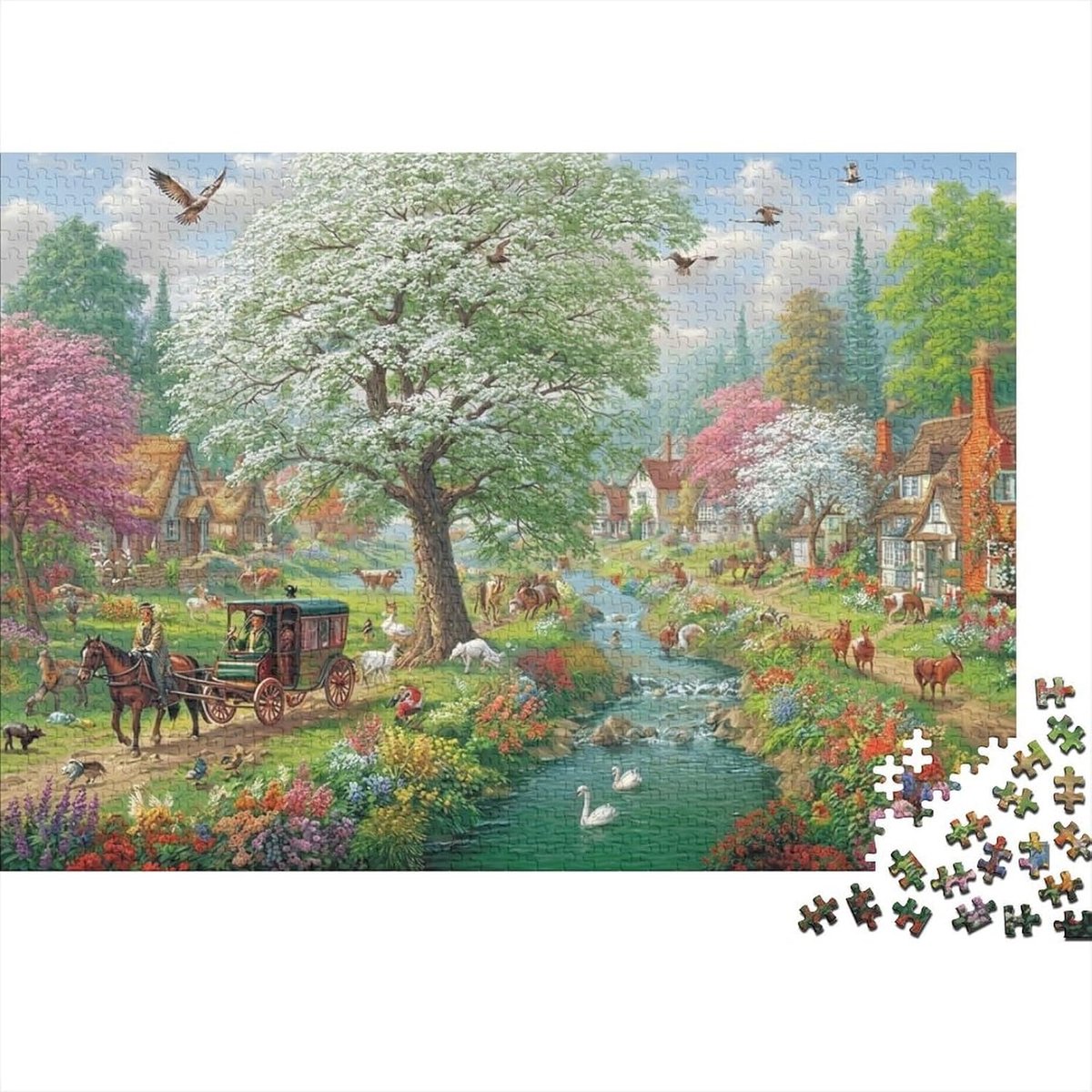 Papier Puzzel - Volwassenen Puzzel - Ontspanning Thuis - Gedetailleerd Landschap - 1000 Stukjes - Bloeiend Dorp