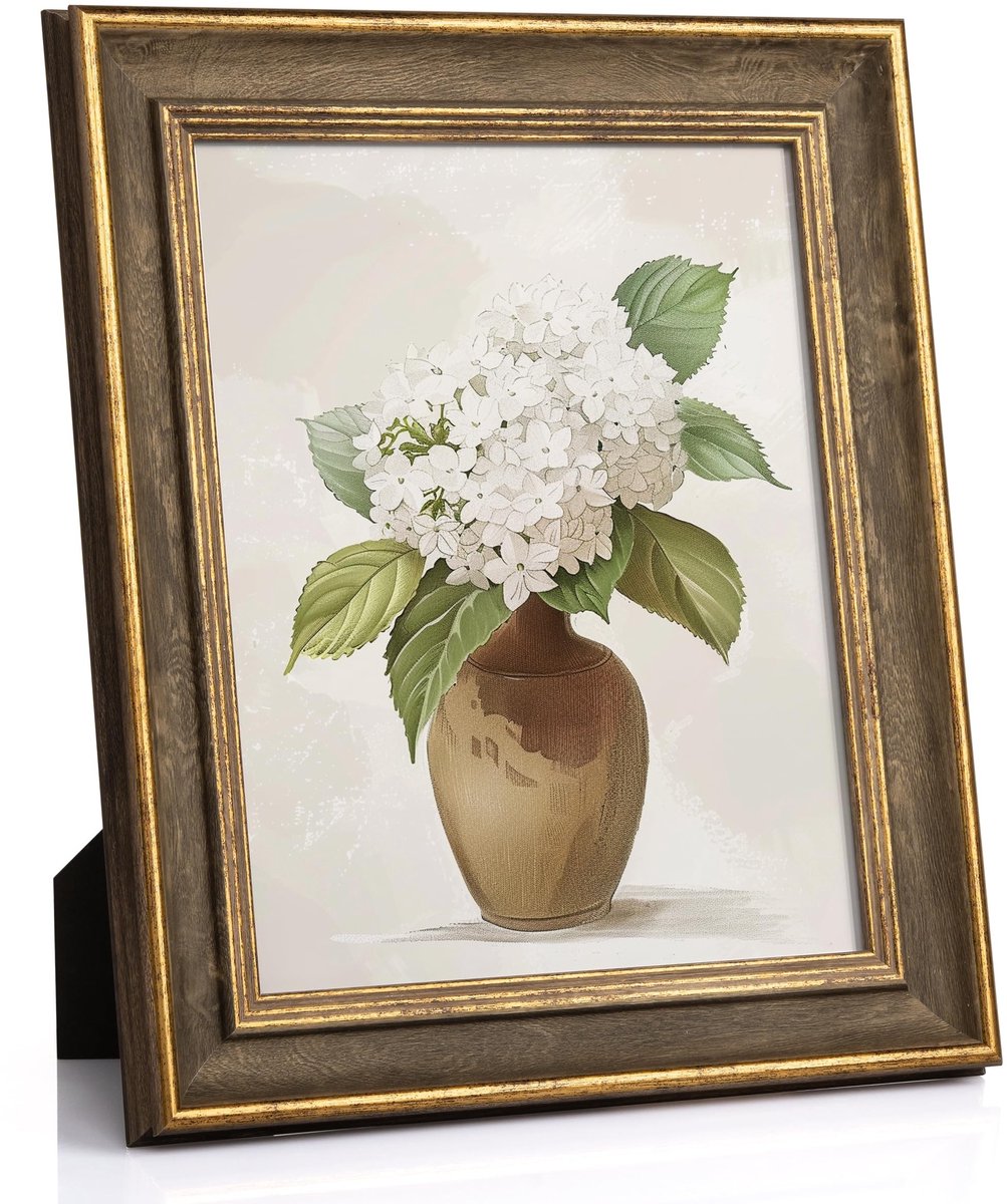Dailygoods - Afuly Fotolijst 8x10 Vintage Fotolijst 10×8 inch Houten Gouden Fotolijsten Huwelijks Vrienden Kerstmis Verjaardags Familiegeschenken voor Bureau Tafelwand met Bevestigingen Antiek Retro Weergave