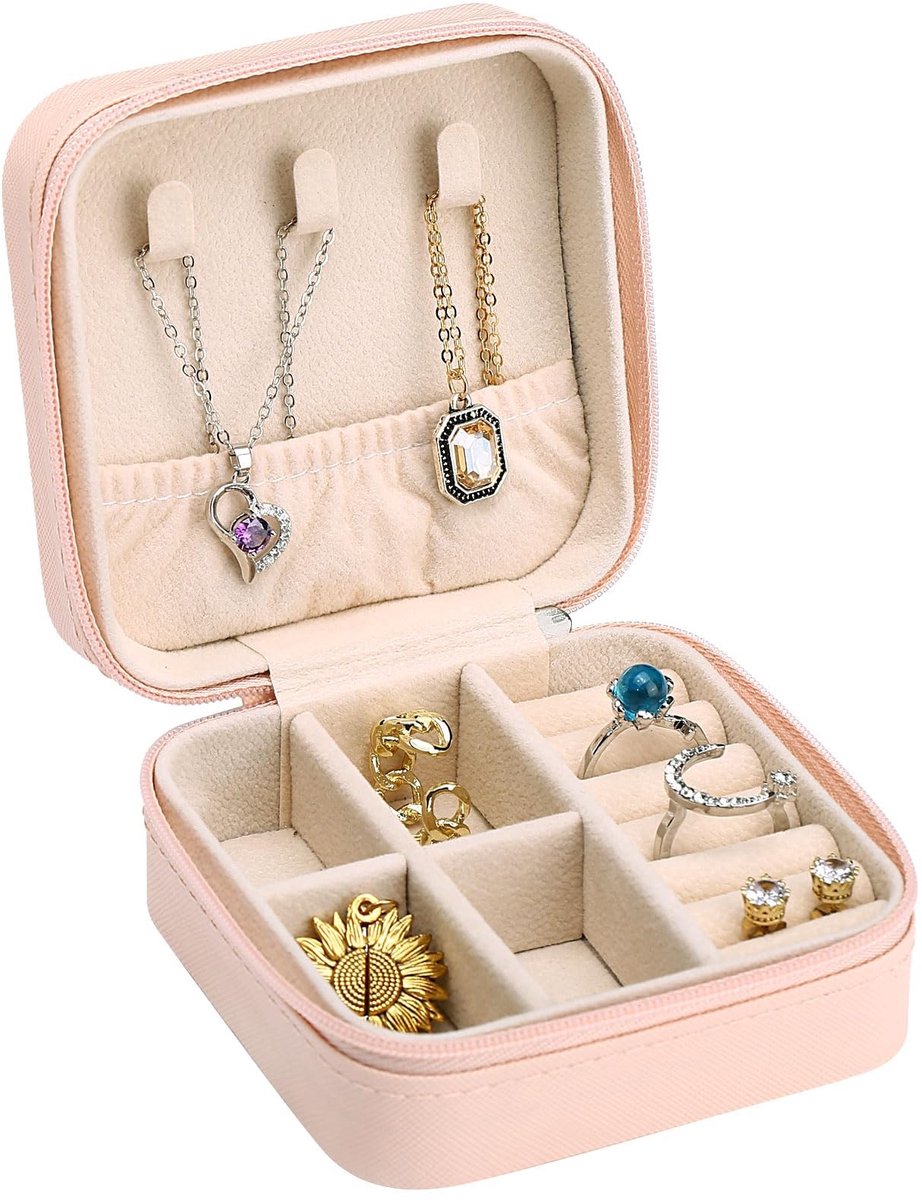 Dailygoods- Sieradenbox Compact - Reiskoffer voor Sieraden - Waterdicht Leer - Met Rits en Verdelers - Bescherming tegen Stof en Krassen - Creatief Cadeau - Sieradendoos