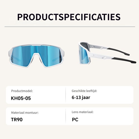 Productspecificaties: witte sportbril met blauwe spiegelende lenzen. Montuur TR90, lenzen PC. Geschikt voor 6-13 jaar.